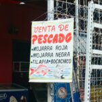 Letrero pintado a mano de venta de pescado con especies del Caribe en Cartagena